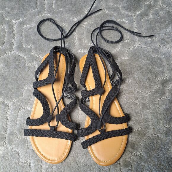 firenze Shoes - FIRENZE BLACK BRAIDED STRAPPY FLATS SANDALS WOMENS SIZE 6 LACE UP GLADIATOR BOHO